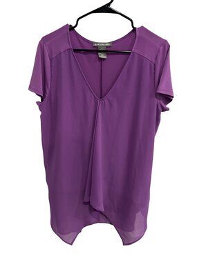 Knit Chiffon Short Sleeve  Ruffled Front Top Purple Size Large Modern Flowy